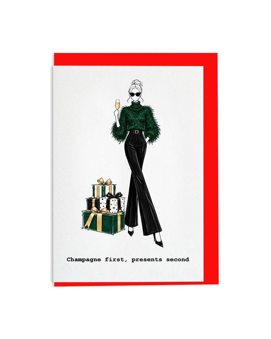 "Champagne First, Presents Second" A6 Greetings Card